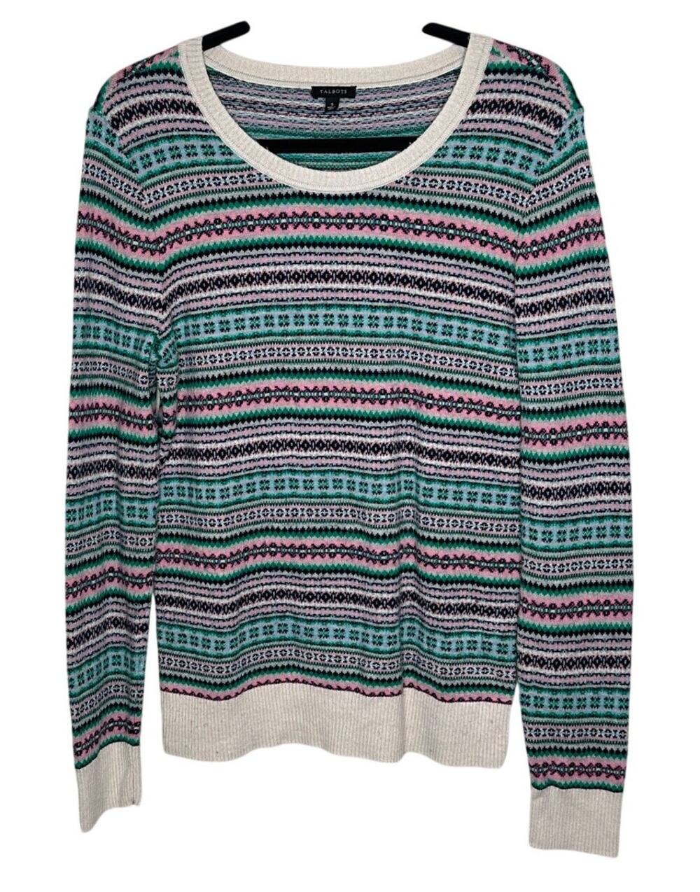 Talbots Fair Isle Sweater Womens S Green Pink Lambswool Blend Knit Crewneck Warm
